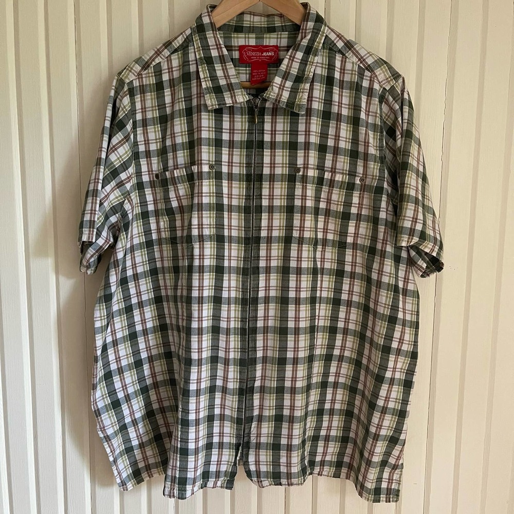 Vintage Venezia Jeans - Mens - Green & Brown Plaid - Short Sleeve ZIP Up - 22/24